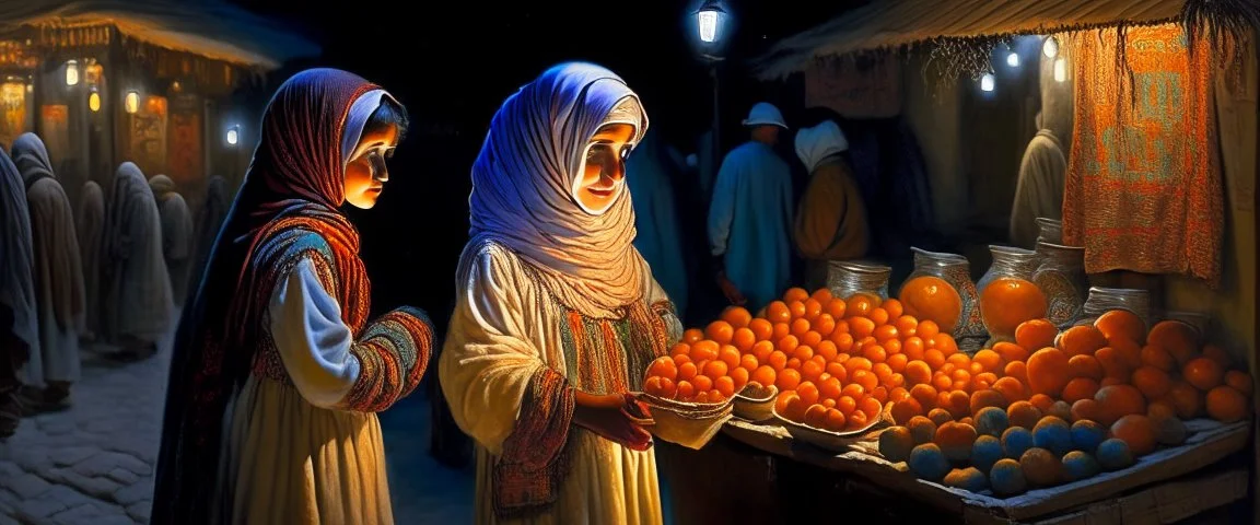 A full-length Palestinian girl wearing an embroidered dress and a white embroidered shawl buys oranges from an old seller wearing a keffiyeh in the market of Jerusalem, 100 years ago, at night with multi-colored lights reflecting on her.