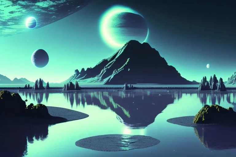 Alien landscape with grey exoplanet in the sky, Lagoon reflection, vegetation, sci-fi, concept art, movie poster, cinematic