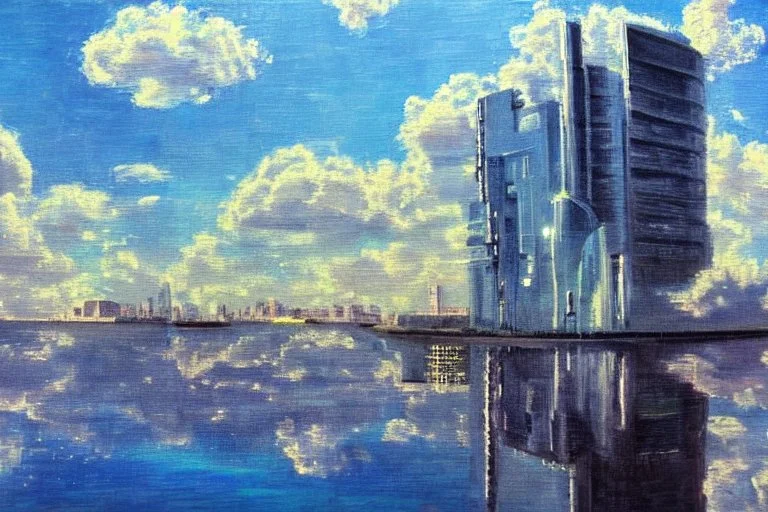 Sunny day, clouds, futuristic buildings, water reflections, sci-fi, tendency to impressionism, realistic painting