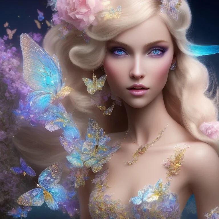 bright fairy, beautiful portrait, blond hair,blue eyes, flowery luminous pastel colors, butterfly