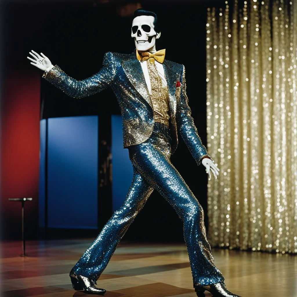 [high res colour photo by helmut newton] this dancing skeleton wears the incredible sequined jacket that Elvis wore during a concert in Detroit