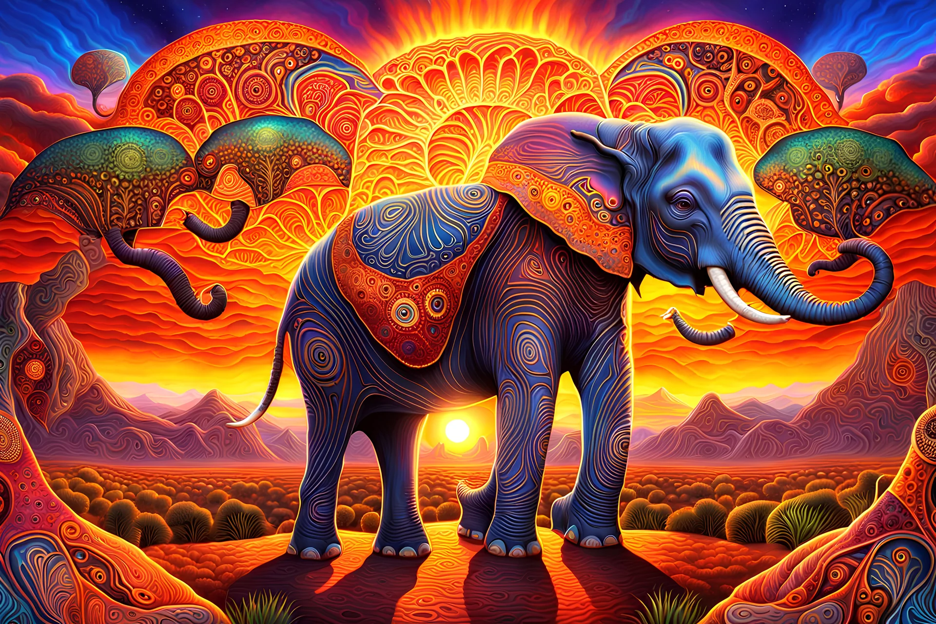 ELEPHANT African Sunset Surreal DMT Dimension with vibrant and kaleidoscopic visuals, otherworldly landscapes, intricate geometric patterns, ethereal beings, cosmic energy, glowing fractals, immersive depth of field, cinematic lighting, masterful digital painting by Alex Grey and Android Jones, 8k resolution