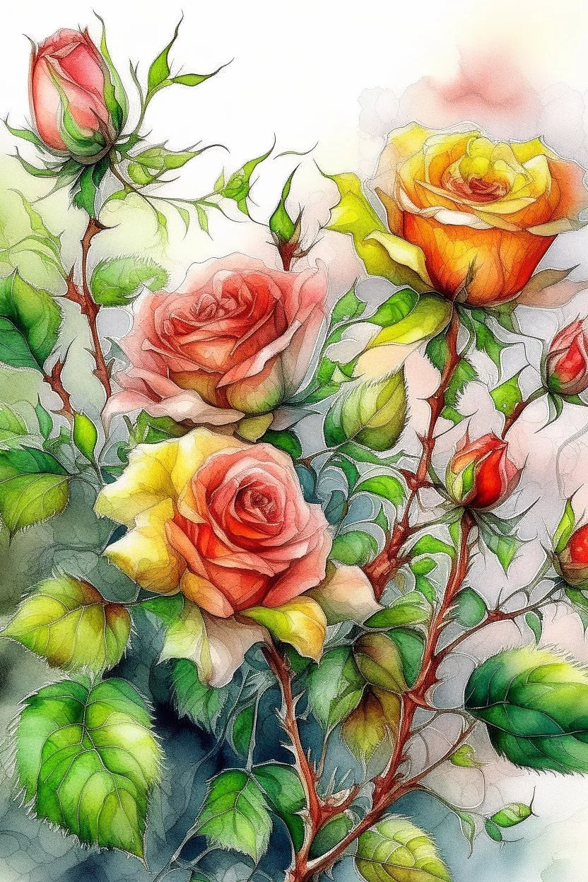 sketch, delicate drawing, watercolor painting, beautiful landscape, a branch of lush non-pink lace roses with buds, many large and small flowers, buds, different shades of color, pixel graphics, many details, sensuality, realism, high quality, decoration, hyperdetalization, professionally, filigree, hyperrealism, backlight, contrast, fantastic, fabulous, unreal, translucent, luminous, clear lines, light green, bluish background at the top, white edges