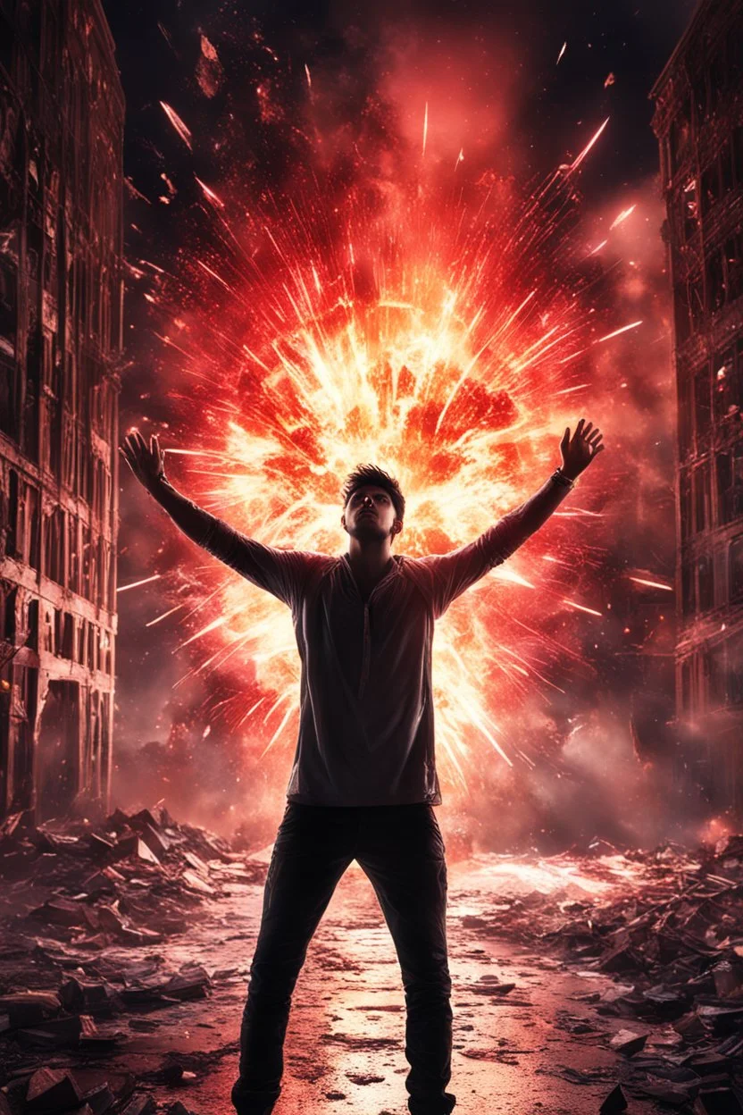 Young man standing, with arms raised, in front of an exploding building at night, with red auras around him