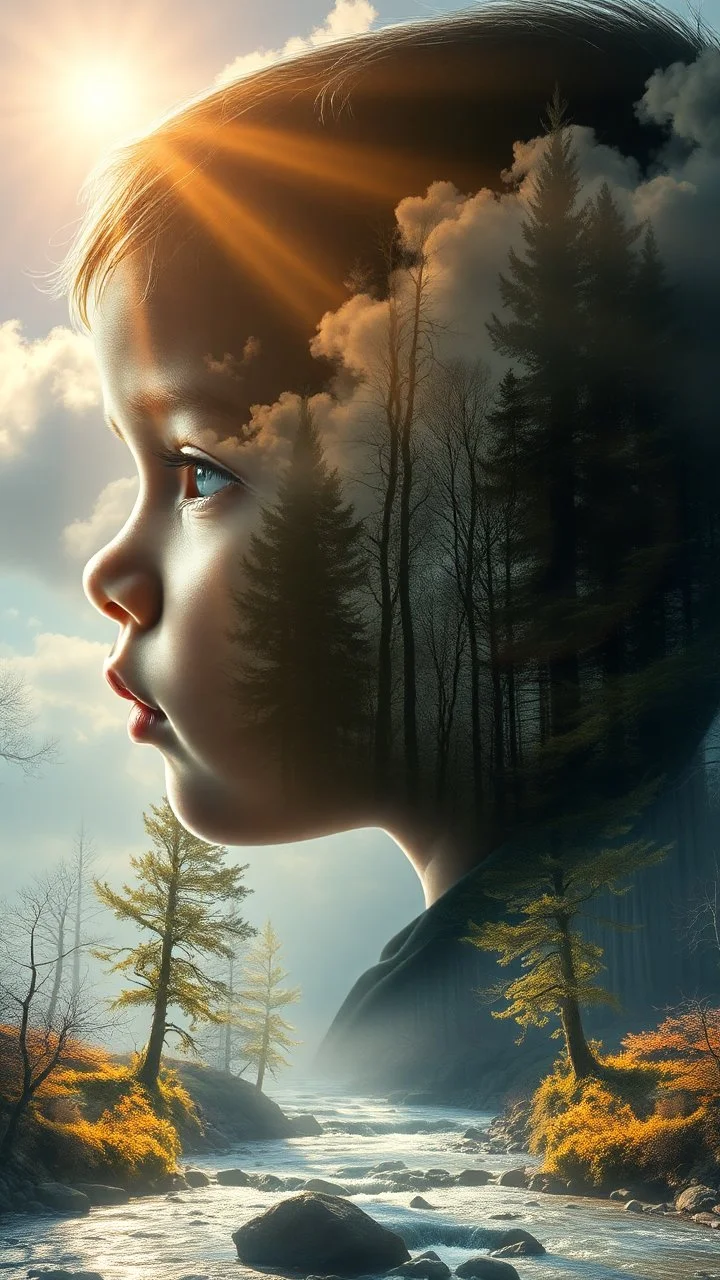 portrait of baby child , Double exposure surreal digital art of a mysterious , his face in profile, blending seamlessly into the shape of the clouds . a magical forest scene unfolds, illuminated by golden light rays, with tall trees and a flowing river.