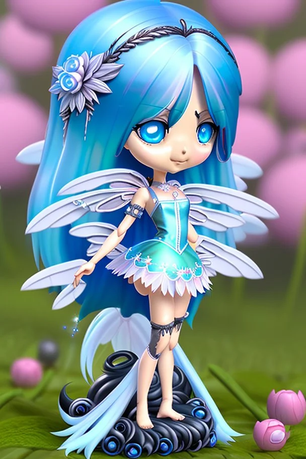 cute happy fairy girl with rounded blue eyes, big long silver hair, and with tiny black fluffy kitty sitting in her five fingers hands, chibi 3d anime character, detailed, fantasy style, nice picture in the big meadow with pale colors flowers