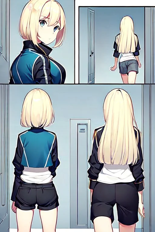 blonde girl with short jacket and shorts runs in a corridor, back view, line arts, manga style