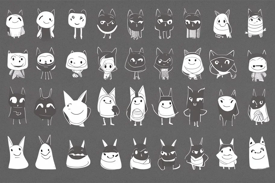 6 simple shaped hand drawn cartoon characters that are cute dark and have hoodies