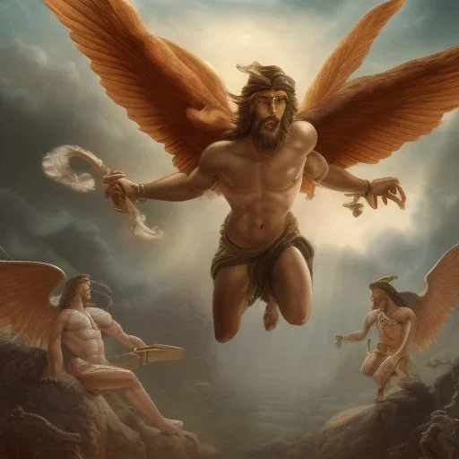 The winged messenger Hermes delivering a message to Zeus but Zeus is a Hydra. Medusa and the Minotaur are fighting in the background. High definition oil painting.