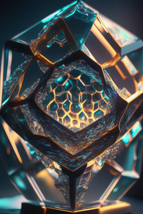 portrait of glass hexagon sacred sculpture with indentations, art, 4k, high detail, trending art, depth of field, volumetric light, dramatic lights