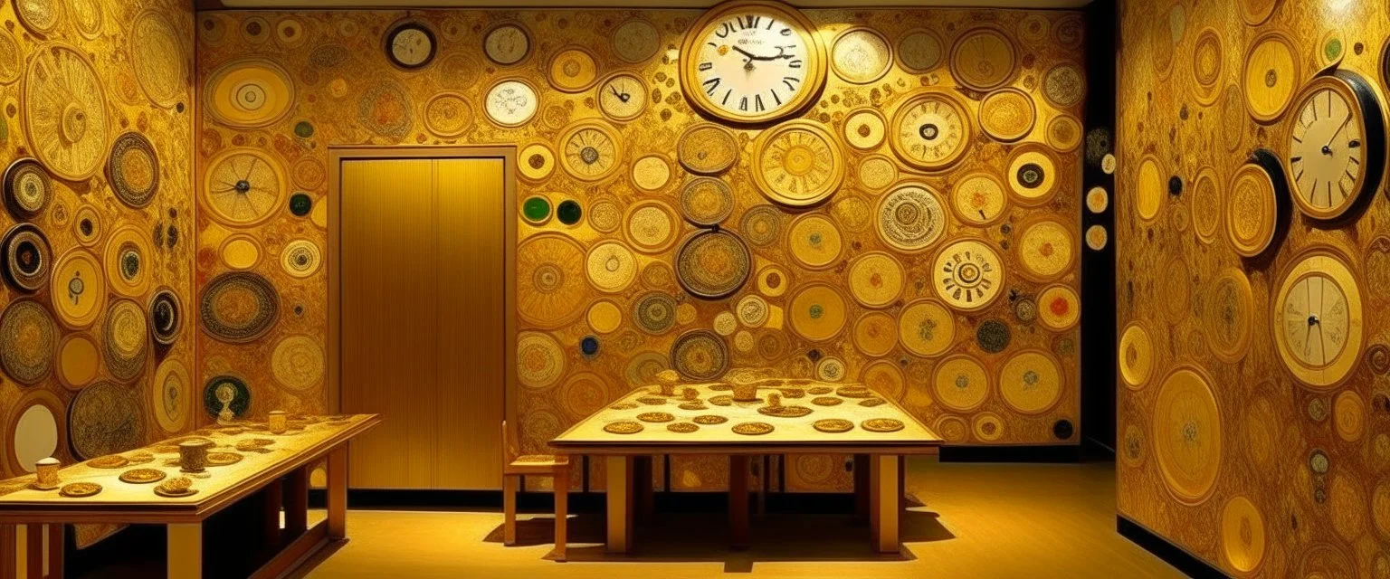 A golden realm filled with clocks painted by Gustav Klimt