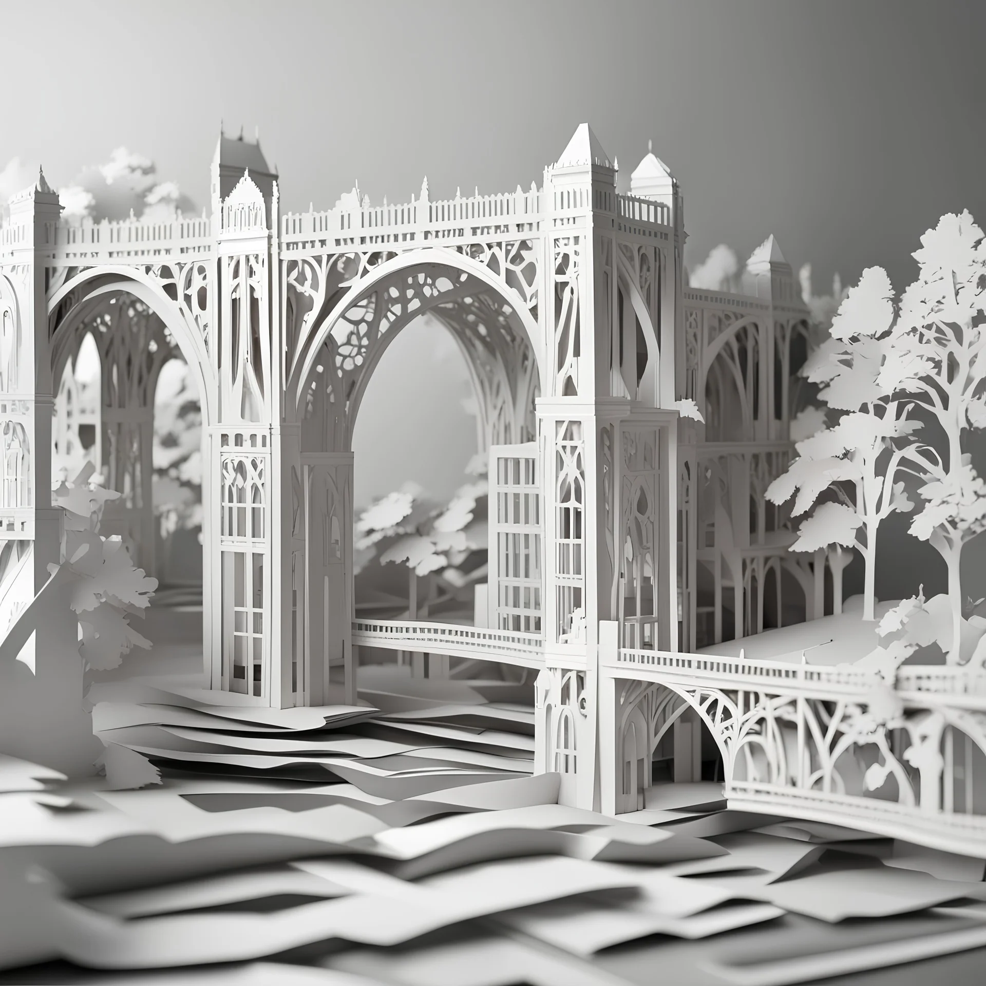 Derwent Bridge ornate Papercraft, popup book, soft shadows, ambient occlusion, monochromatic