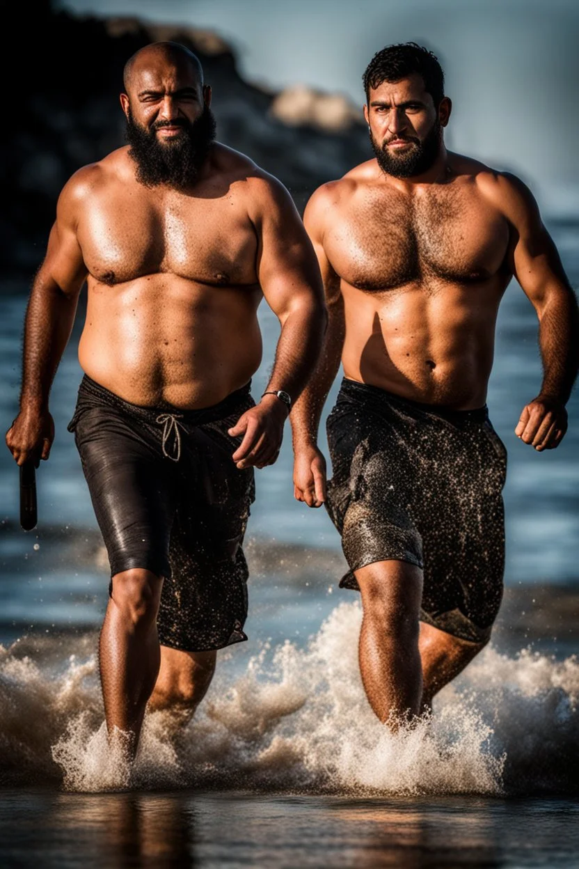 half figure shot photography of two strong muscular chubby hairy burly 32 years old ugly arab fishermen, short beard, shaved hair, shirtless, manly chest, swimwear, emotive eyes, tank top, walking on the beach in the sun, side light, sweat and wet, ground view angle