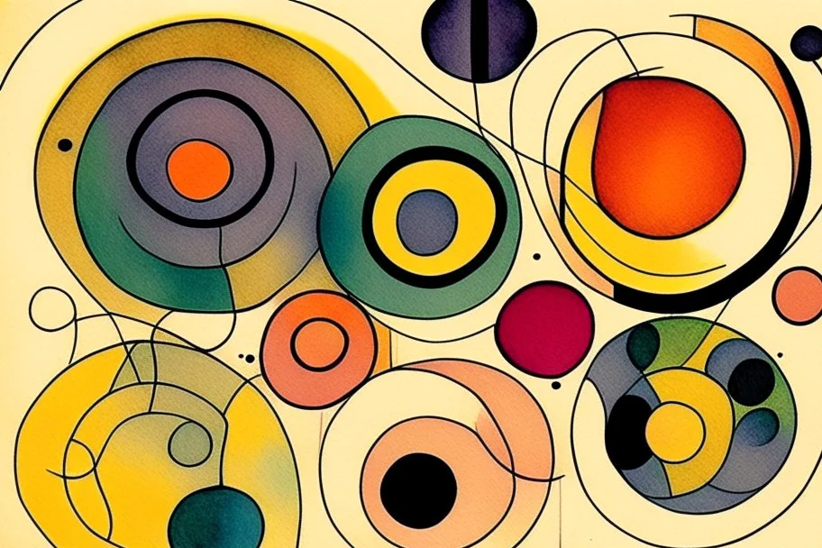 abstract in the style of Paul Klee with circles of colour and sketchy thin inky lines.