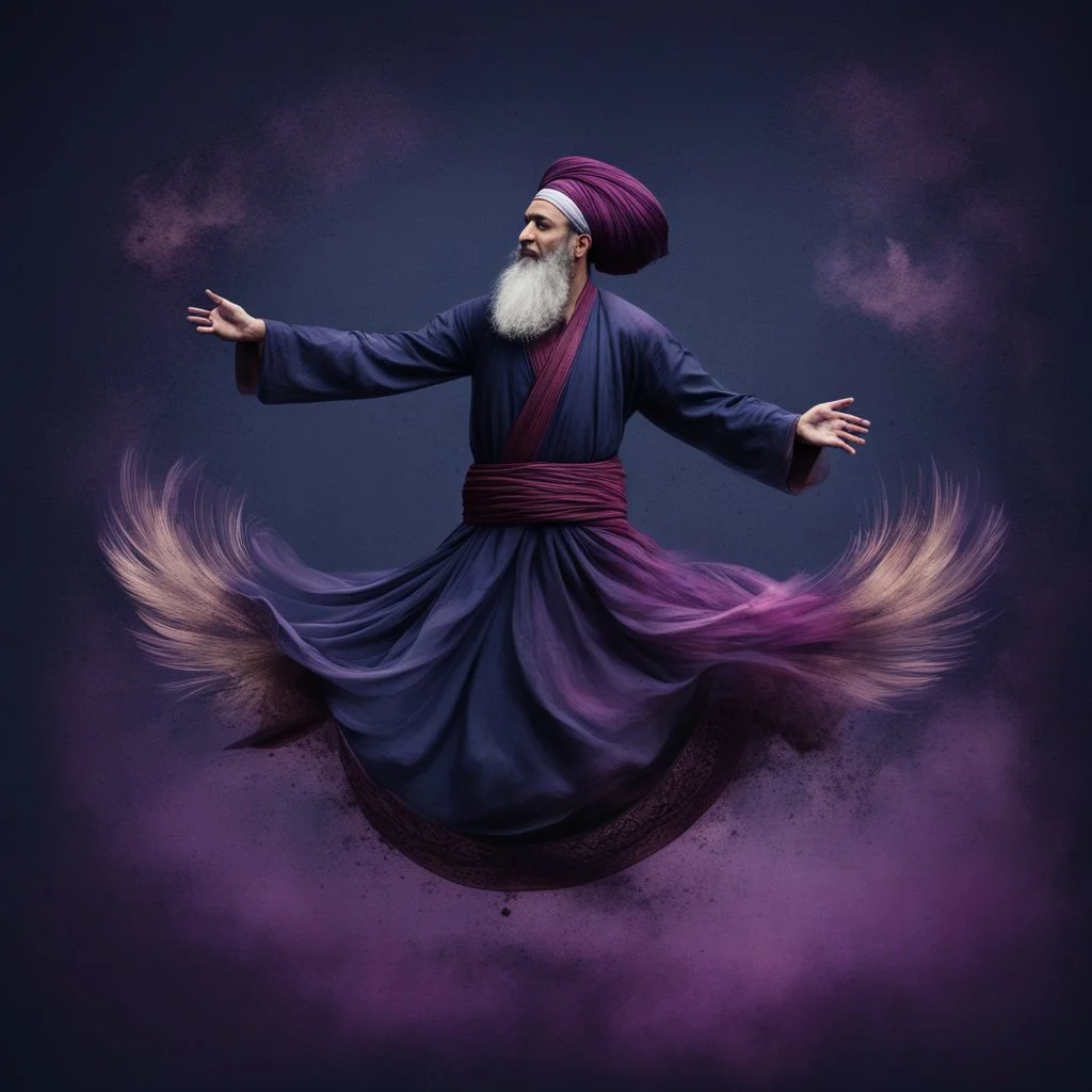 Hyper Realistic Sufi Whirling with Purple & Maroon, Islamic Sufi Rustic Grungy navy-blue Background at night with black fog & mini feathers around