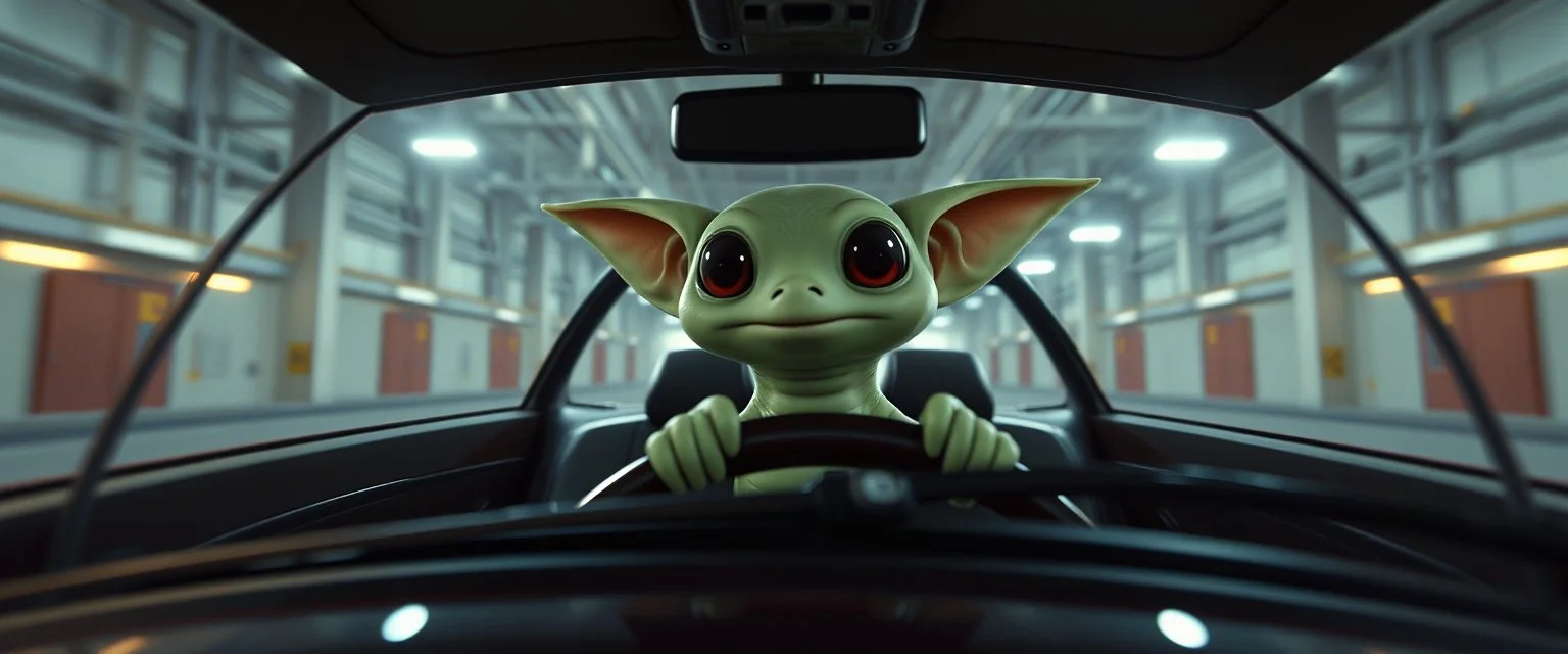car driving happy 2d anime fluffy slimy slug alien sloth gremlin woman in the style of Escher and Giger and Fallout 4, pinhole cam, airbrush 3d rendering, on tv screen:A five-second cinematic single take in a clean industrial presentation hall.
