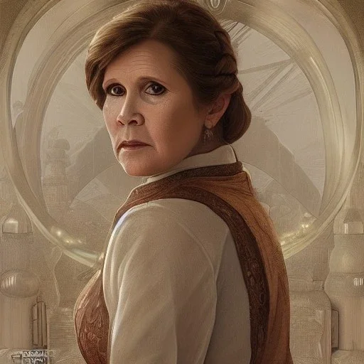 [[extrem stunning photorealistic Carrie Fisher as Princess Leia]] :: [[photorealistic brown eyes, short hair, head and shoulders portrait, 8k resolution photorealistic portrait by Greg Rutkowski, Artgerm, WLOP, Alphonse Mucha, dynamic lighting, hyperdetailed, intricately detailed, triadic colors]]