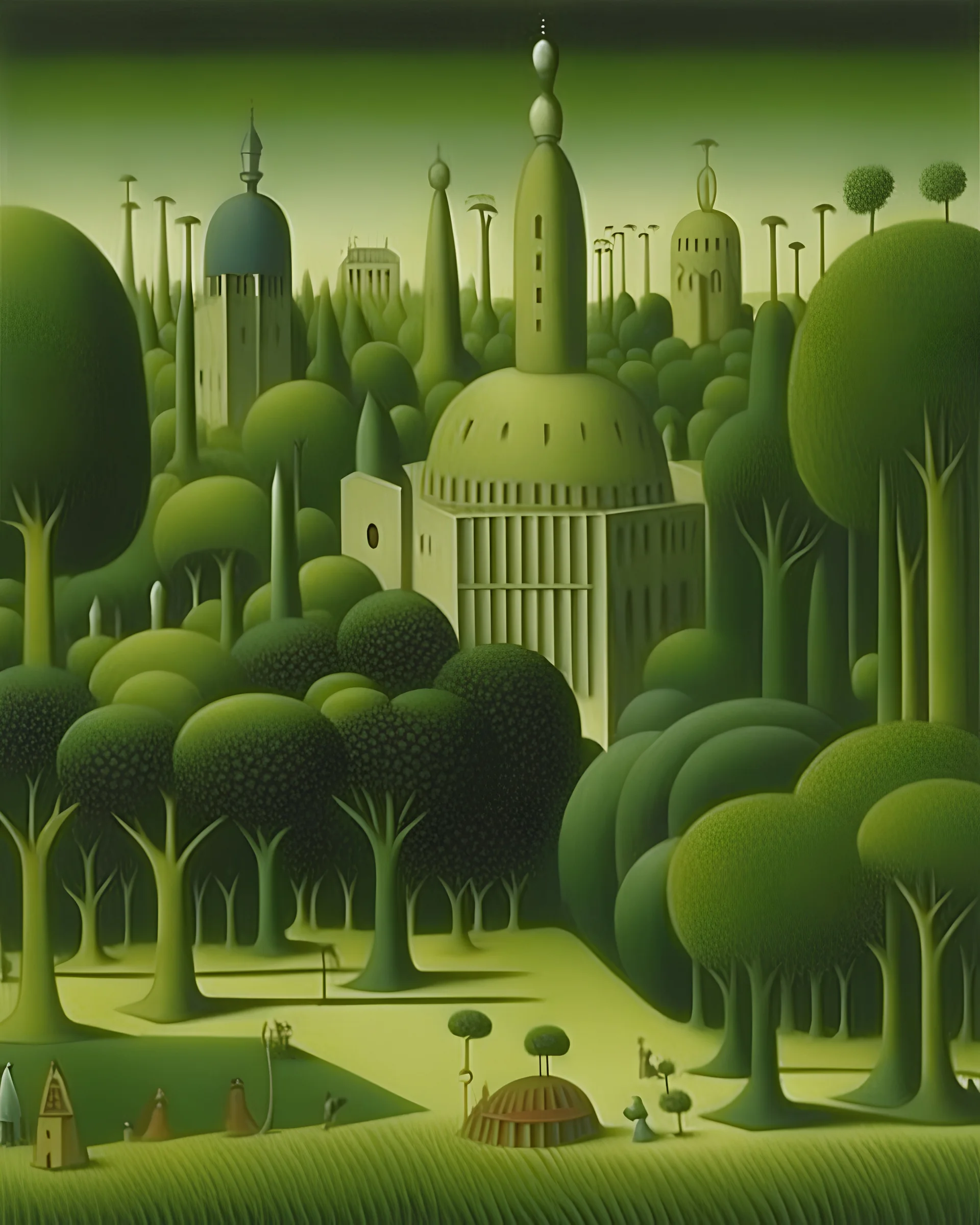 An olive green cybernetic metropolis painted by Henri Rousseau