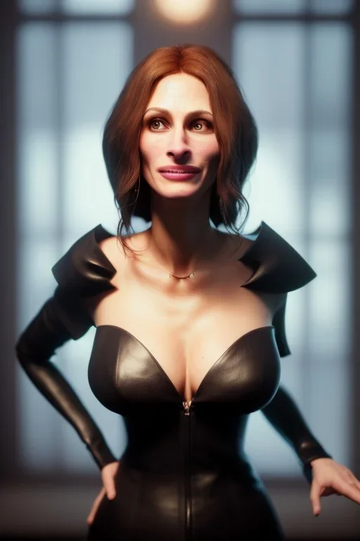 Julia Roberts in black leather gown, evil, busty, cleavage, curvy, angry, happy, stern look. character design by cory loftis, fenghua zhong, ryohei hase, ismail inceoglu and ruan jia. unreal engine 5, artistic lighting, highly detailed, photorealistic, fantasy