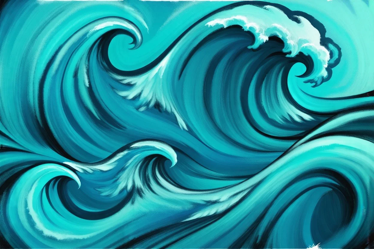 a background of a fun stylized waves with smooth black linework, blue teal tones, surf culture, kawaii cute