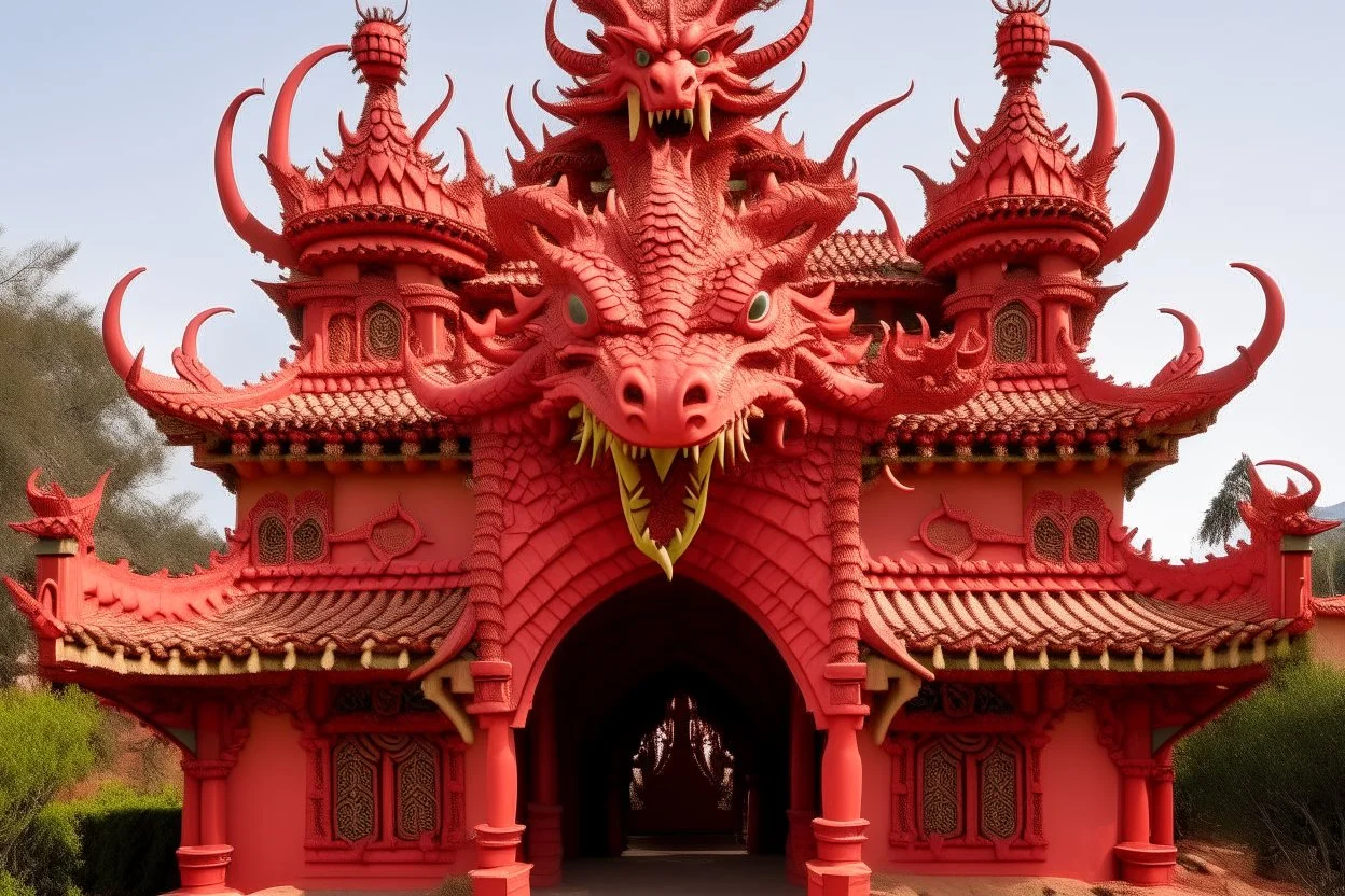 A pale red fortress with dragon horns designed in African masks painted by Zhang Lu