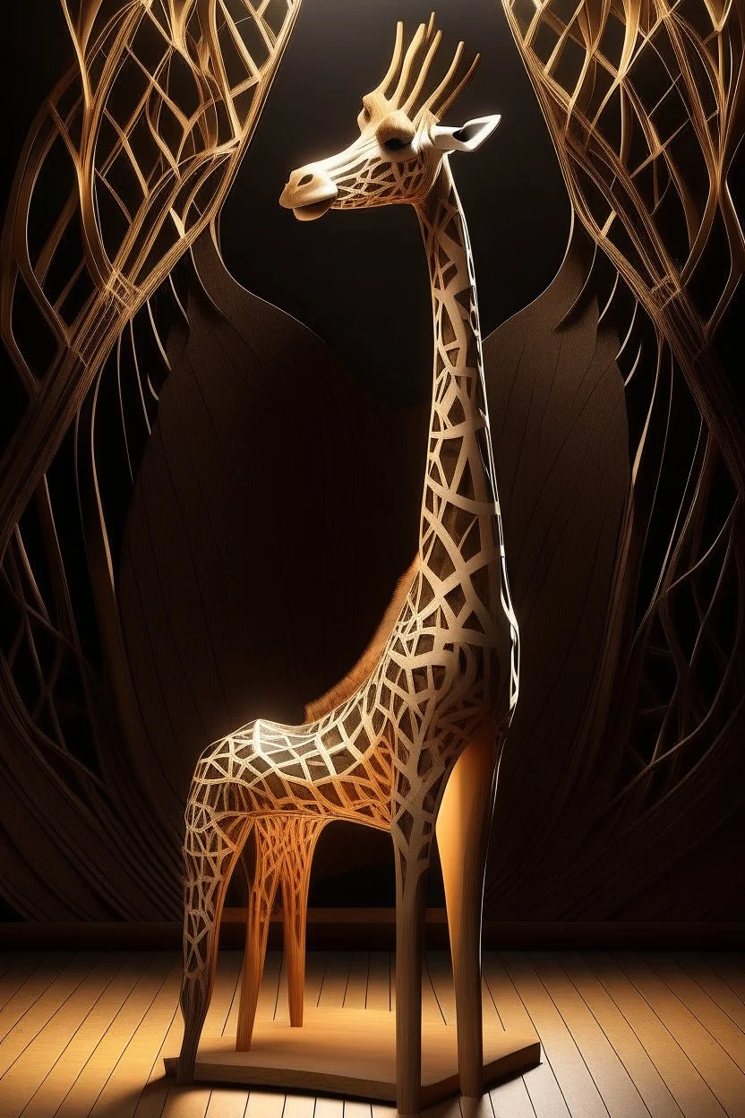 Design a celestial being with a long giraffe-like neck, dog-like pointed ears, ethereal wings reminiscent of a celestial wooden chair, and a tail unfolding into fan-like patterns when in motion. Render the image with an otherworldly aura and a trail of gentle wind.