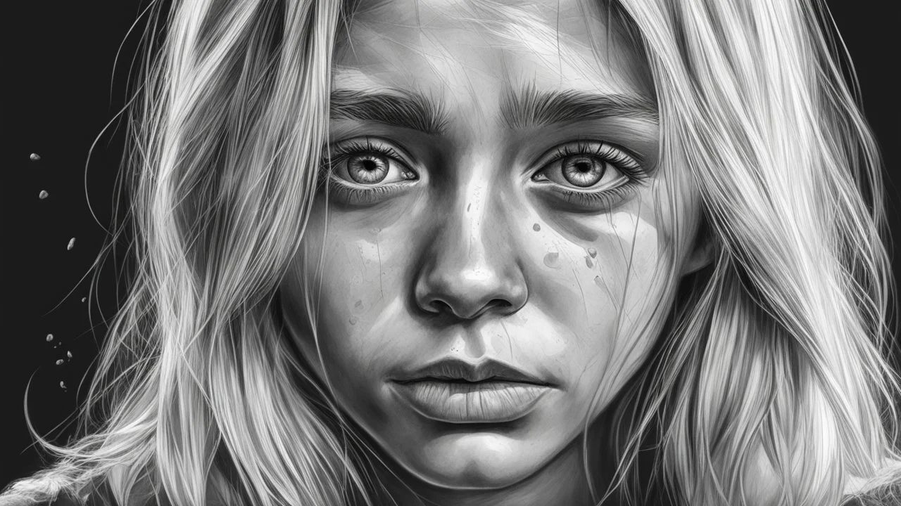 Black and white pencil sketch of a sad blonde girl in tears, photorealism, 3d, 64k, high resolution, hyperrealism, f/16, 1/300s.