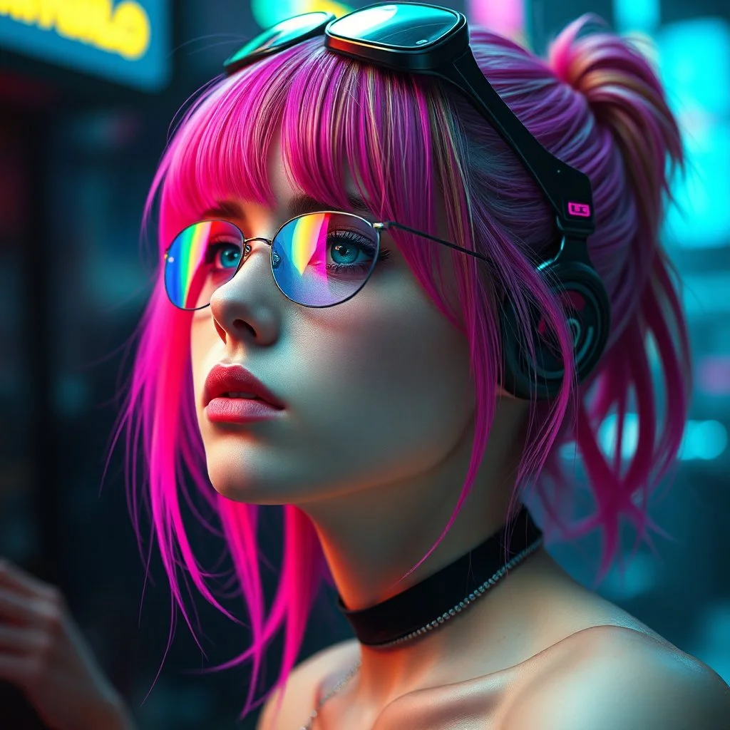 a pretty cyberpunk girl, bright coloured hair, dreaming of escape, young, futuristic, dystopia