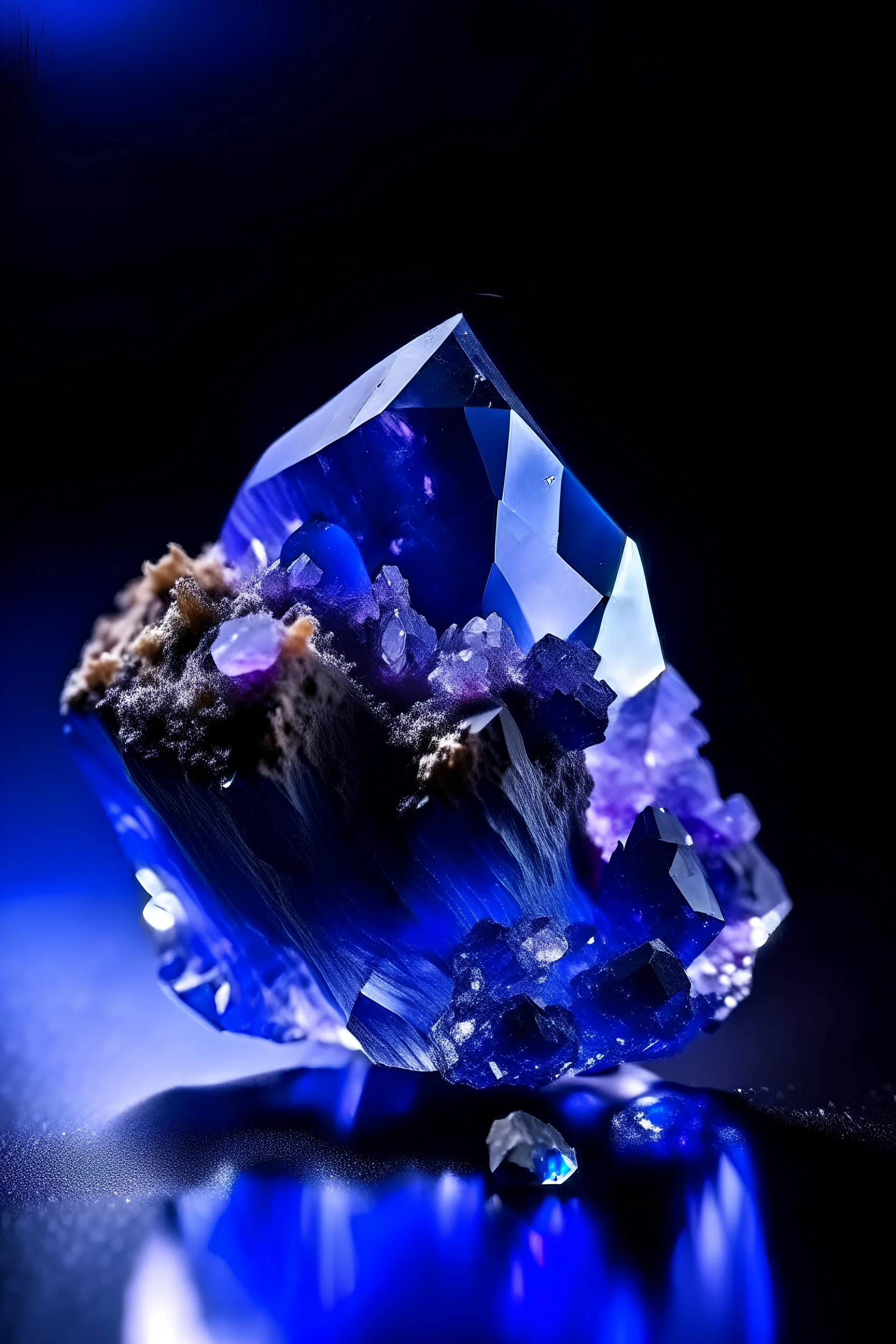 dark blue Achroite Crystal big close up stone on dark purple background