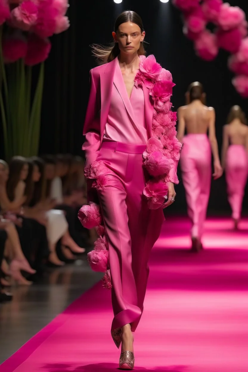 Model in runway with pink orchids like principal elements