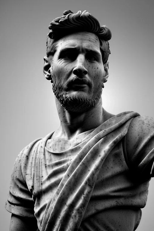 Ultra Realistic image, roman sculpture, deluxe white and gold marble material, Lionel Messi, Laurel wreath, Renaissance style, miguel angel David style, chisel style, emperor, waist up portrait, epic, celestial, cinematic lighting, God light, god rays, 4k resolution, smooth details, ornate details, unreal engine 5, blue vibrant background.