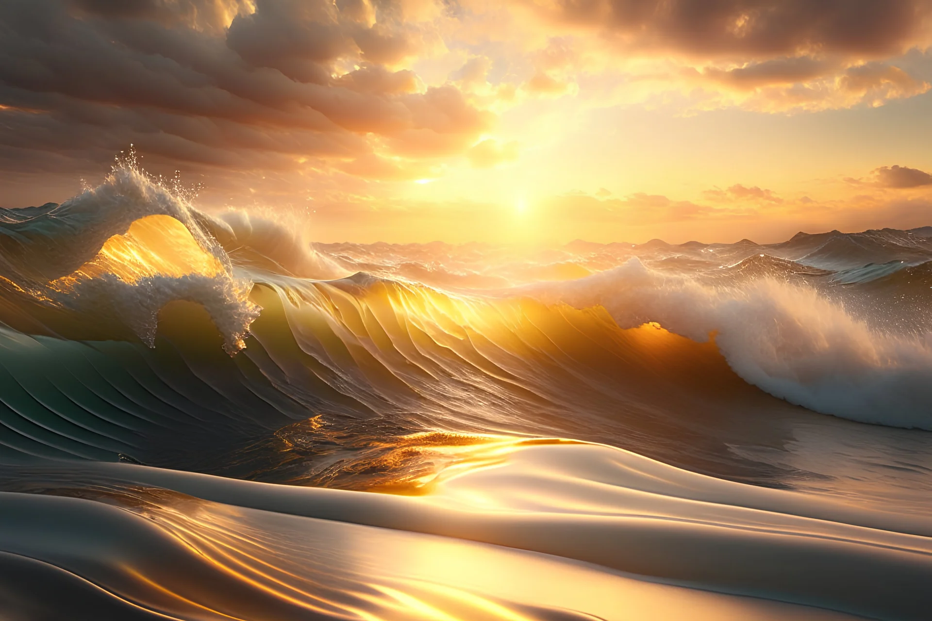 Photoreal turbulant butter ocean at golden hour