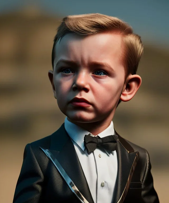 James bond toddler, full body, gun, car, dramatic lighting, hyper realistic