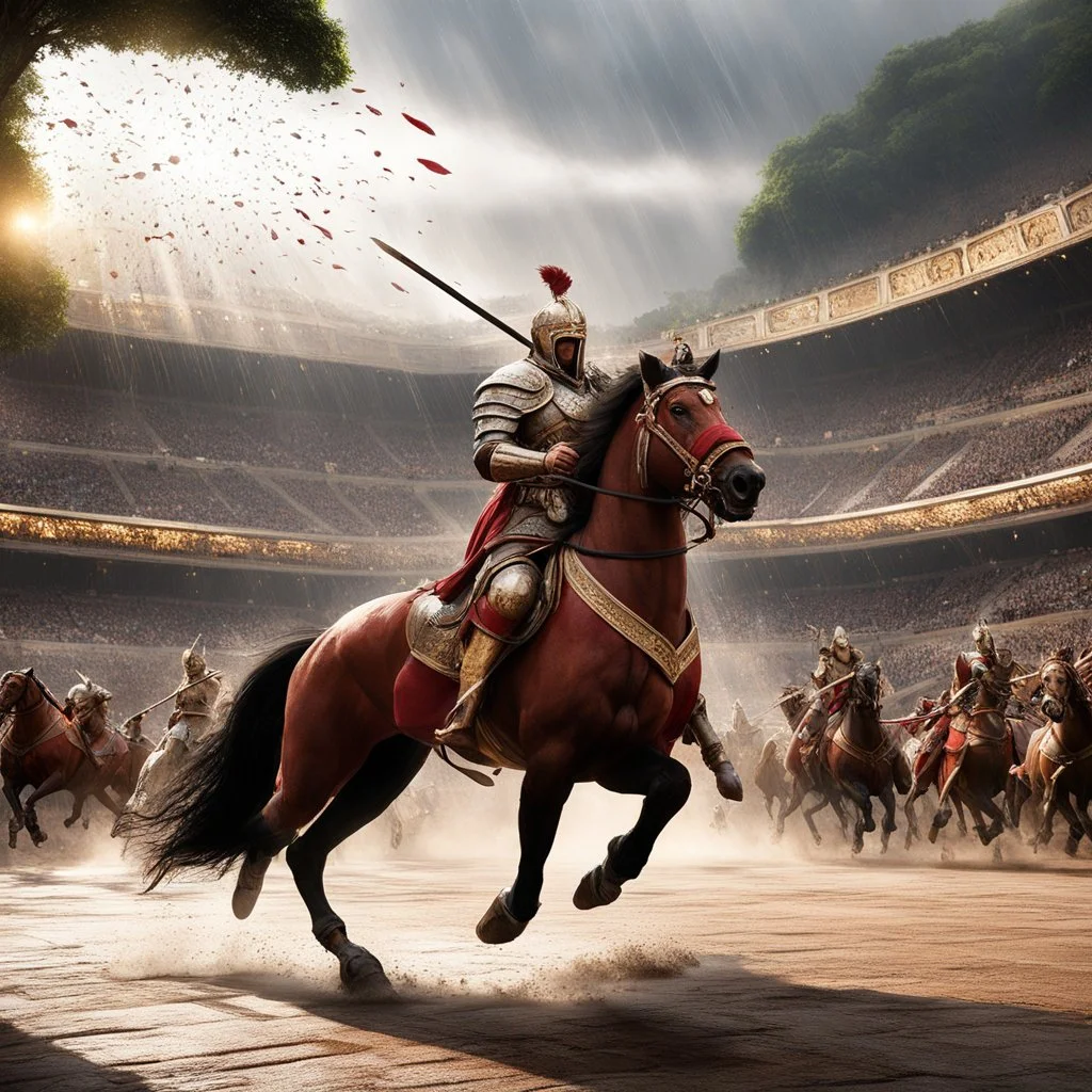 But wait. A new idea forms. In ancient Rome, a grand carousel of gladiators and gladiatrix spins under the sun in the arena. As rain falls, men and women ride beasts and fantastic animals in a hypnotic rhythm, creating a mesmerizing scene of ancient valor and beauty. The clash of swords, the thunder of hooves, the swirling colors paint a living tapestry of Roman legend that captivates all who witness it.