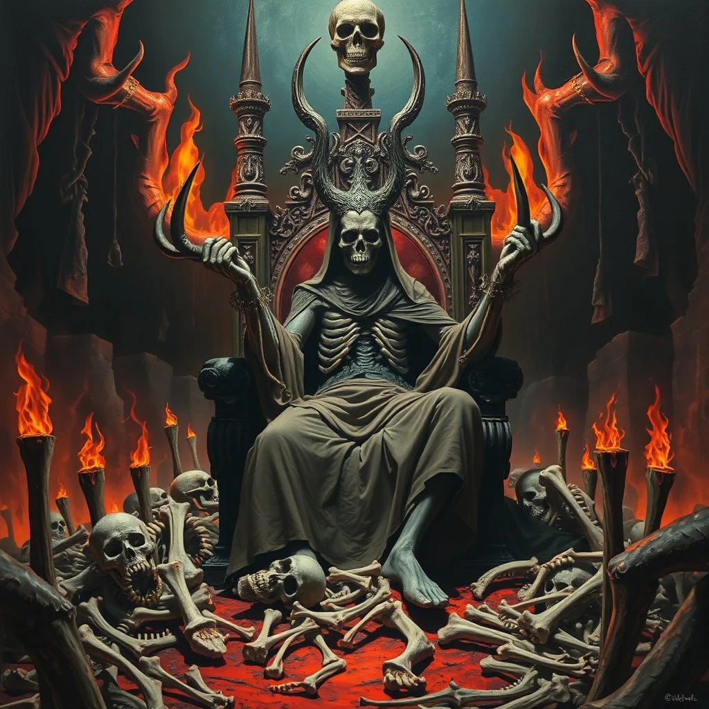 Obese colicky Mamman sitting on a throne of bones in hell, heavy metal magazine art, by Wes Benscoter, by Hieronymus Bosch, by VS Gaitonde, horror oil painting that looks old, mephitic, cinematic lighting, epic masterpiece, colorful 70's horror aesthetic