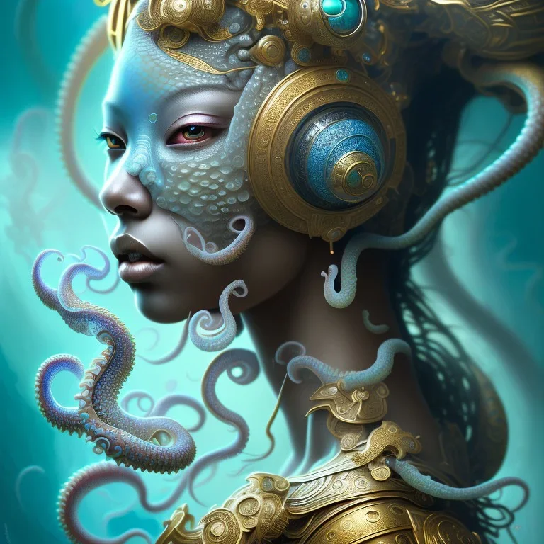 Sango fantasy, fantasy magic, intricate, sharp focus, illustration, highly detailed, digital painting, concept art, matte, art germ and Paul Lewin and Kehinde Wiley, masterpiece Japanese dancer head bronze octopus' Asian African girl nice breast Thai hair turquoise silver blue under water