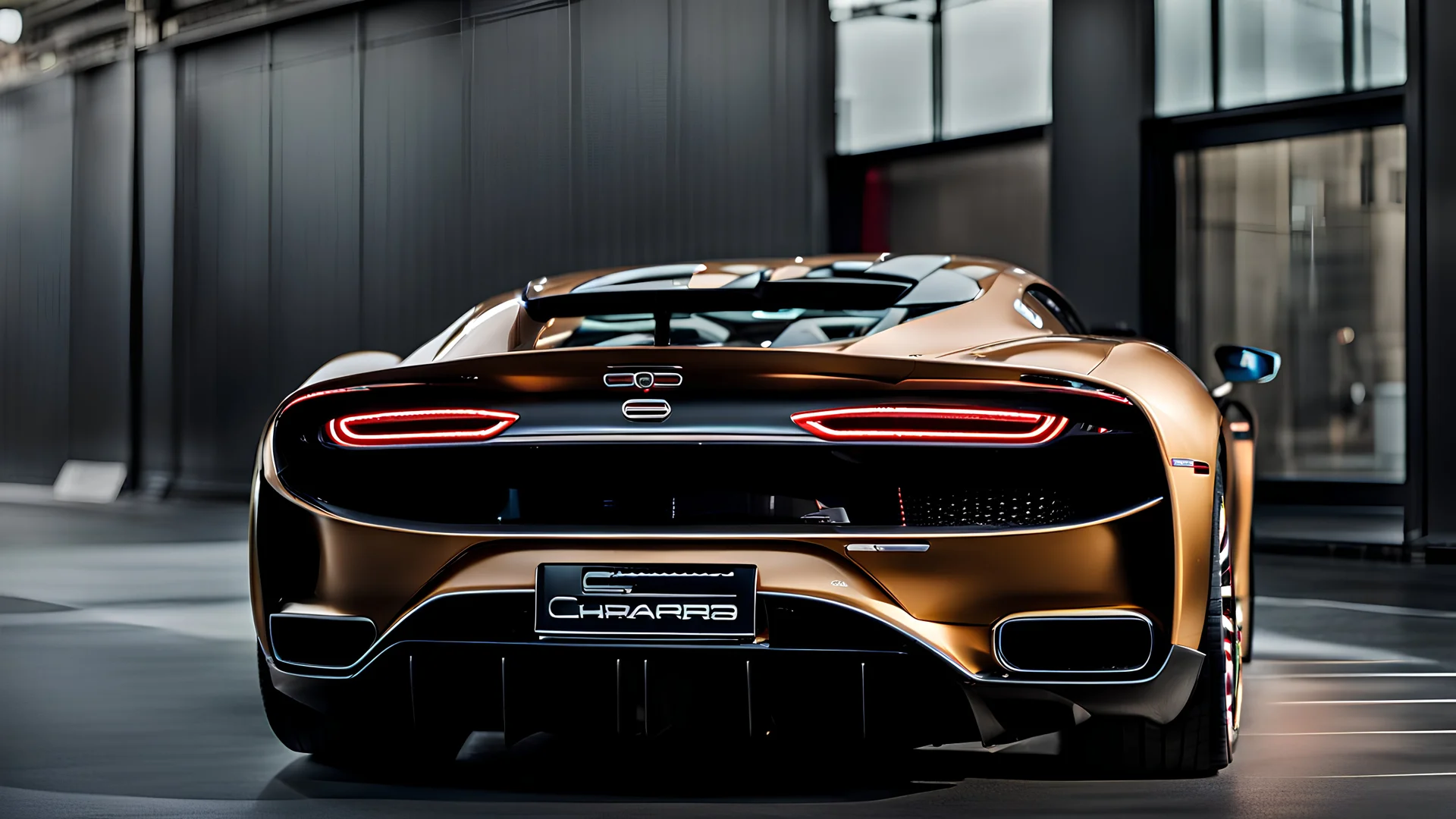 Rear View A stunningly realistic (((Bugatti Chiron x brabus))), intricate detail and perfection in every surface, glimmering metal and luxurious contours, a (perfect model) for a desktop wallpaper fit for high resolution screens, evoking a sense of futuristic elegance in a (4K cinematic atmosphere).