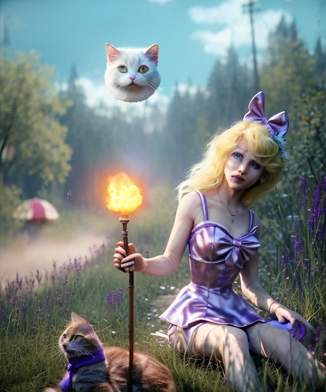 Ultra realistic afternoon photo, blonde Alice woman; purple cat; smoking a pipe, circus blue dress style, black headband with bow, old school body tattoo, smoke, marihuana garden, glow eyes, perfect iris, soft color, highly detailed, unreal engine 5, ray tracing, RTX, lumen lighting, ultra detail, volumetric lighting, high definition.