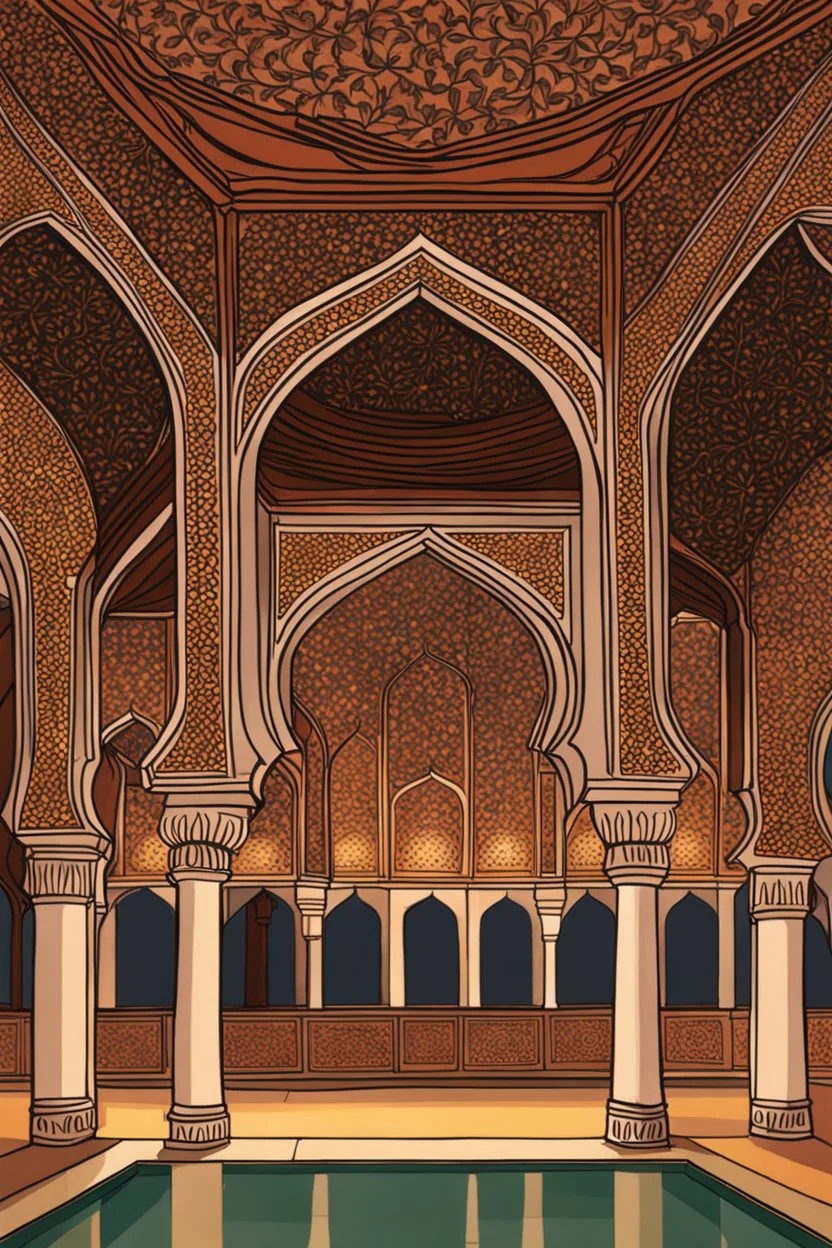 inside a Mughal mosque at night, by artist "Ingrid Umber", by artist "Sienna Lamberts"