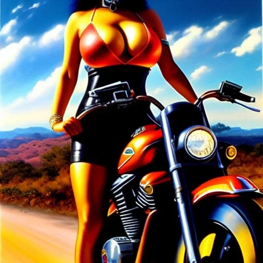 portrait of busty beautiful 'Female Rider on Shotaro Kaneda's Bike',painting by Earl Norem, simon Bisley, evan lee, 86-86, oil on canvas, cinematic composition, extreme detail,fit full head inside picture,8k