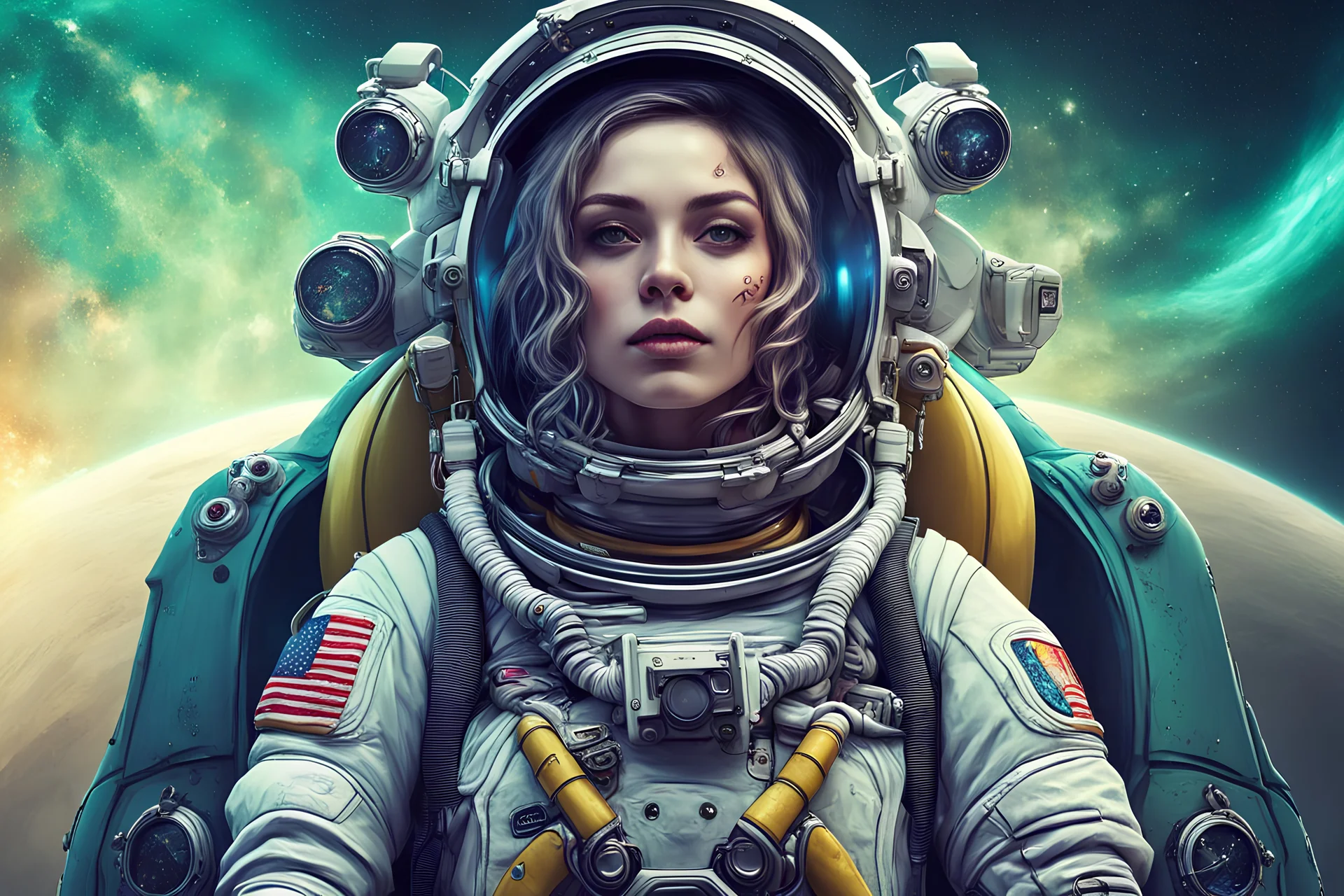 beautifull girl sugarskull astronaut space galaxy pilot whit tattoo, pretty eyes, big wings, photography, soft light, volumetric lighting, ultra-detailed photography, blue background, Perfect anatomy, super high resolution + UHD + HDR + highly detailed, hyperrealistic, dynamic lighting, fantasy art , green and yellow colors, stars around.