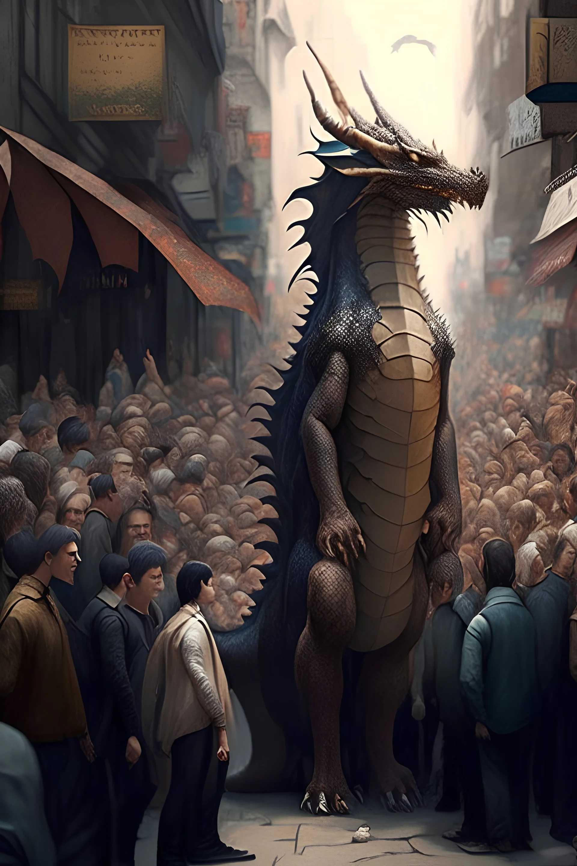 a dragon standing on crowded street