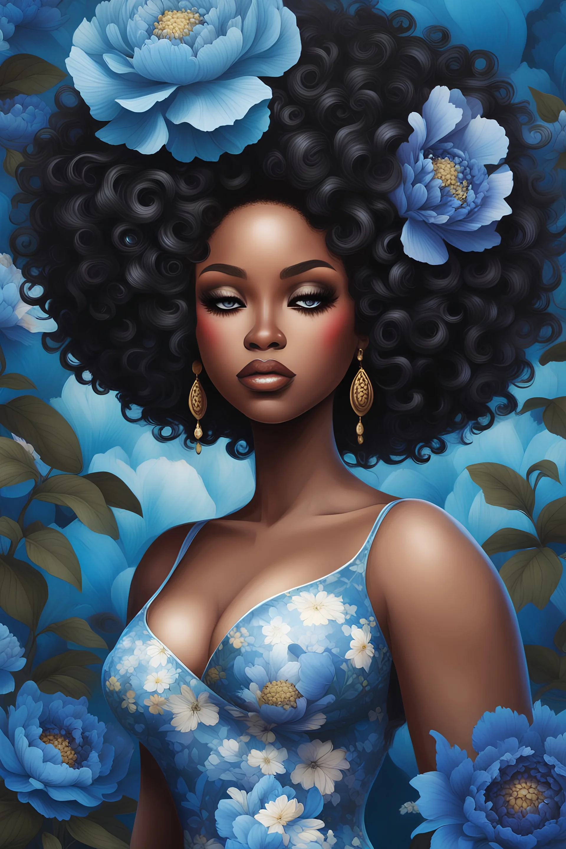 A whimsical art style of a curvy black female looking down with prominent makeup and lush lashes. She has a highly detailed long thick black tight curly afro. The background is filled with lush large blue and black peony flowers
