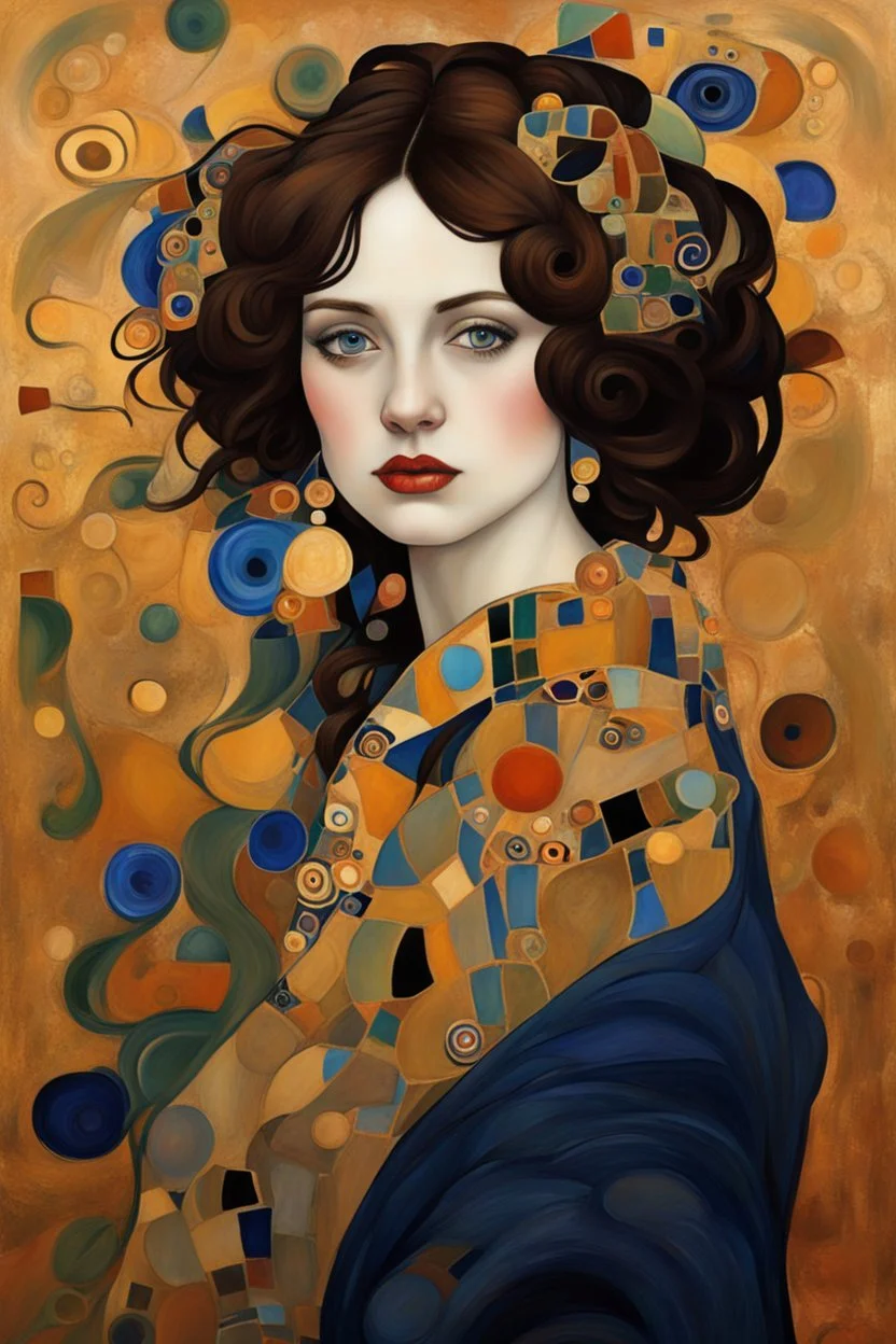 Woman 9n style of Gustav Klimt. Rich, lovely colors, cubism style