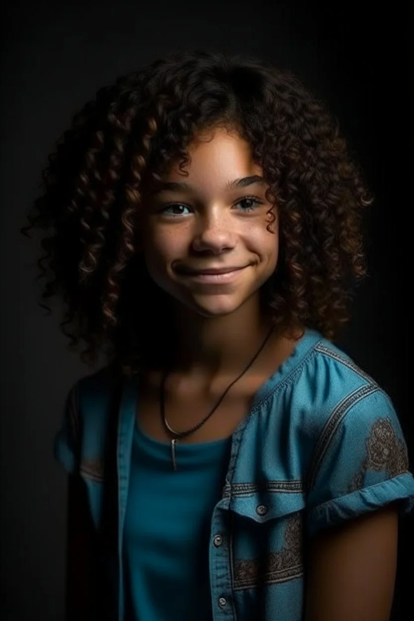 full body portrait of a 14 year old girl named Runa Rivers, main character of a youth novel, tall for her age - ca. 1,75m, looking older than she is, turquoise eyes, full lips, side cut, dark brown curly short hair, smiling, black skin looking caucasian, freckles