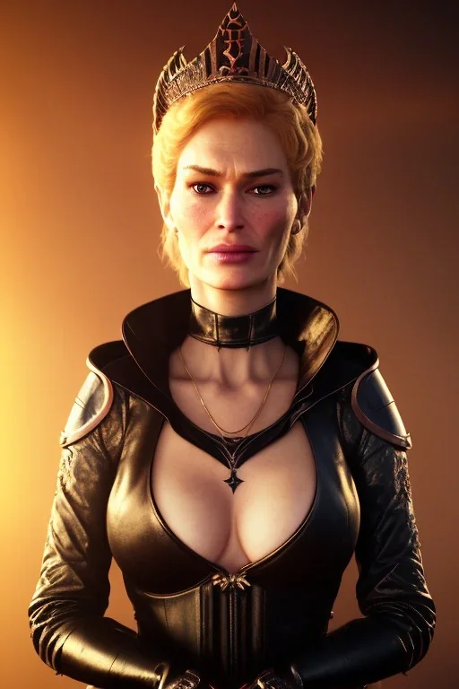 Cersei Lannister as evil queen in black leather, busty, cleavage, curvy, lena headay, angry, stern look. character design by cory loftis, fenghua zhong, ryohei hase, ismail inceoglu and ruan jia. unreal engine 5, artistic lighting, highly detailed, photorealistic, fantasy