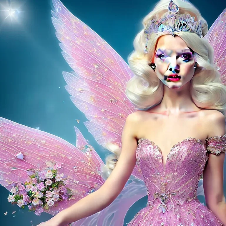 fantasy fairy with transparent wings, smiling, make up, long platinum blond hair with crown and flowers, pink dress