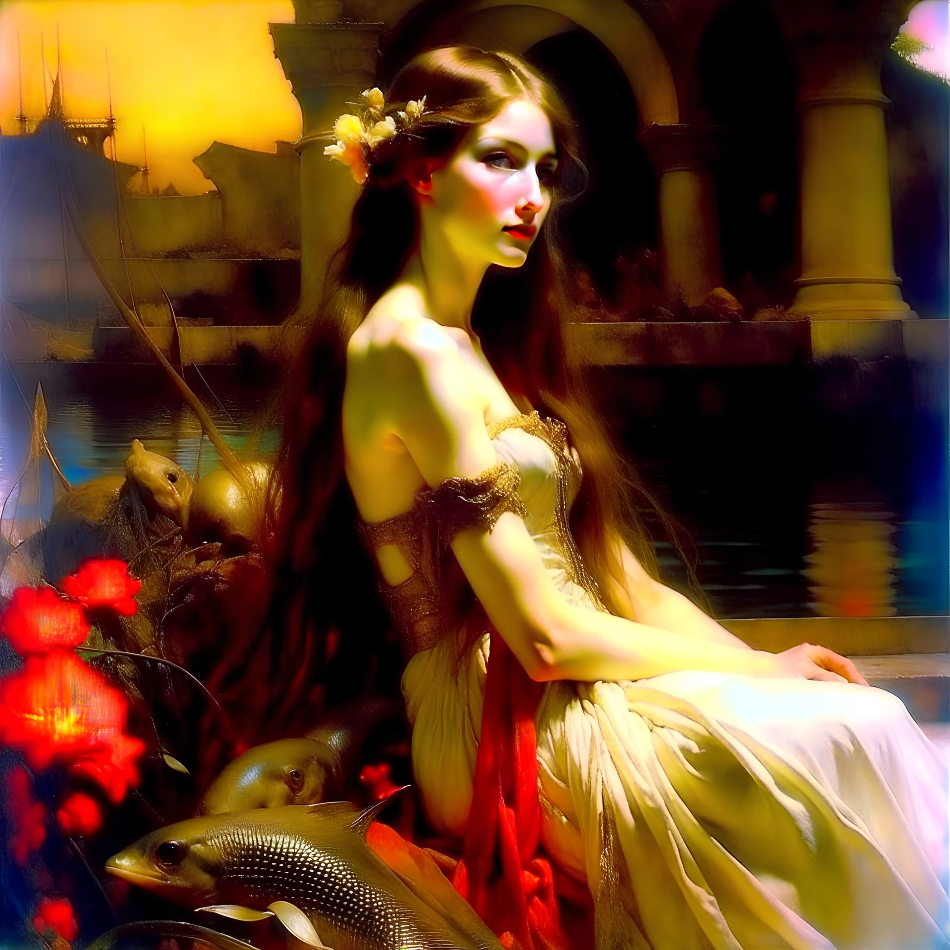 ((Masterpiece:1.2)(award-winning:1.1) caliber, professionally executed,utmost (precision and ultra-detail:1.3)techni-color , In the style of (ellen von unwerth:1.2, (Zdzisław Beksiński:0.5, John William Waterhouse,John Singer Sargent) in a desaturated, realistic, pop art style), glamor shot, 24-year-old Arab woman. Her long, curly black hair cascades down her shoulders, framing her face and her large, blank eyes. Her petite body,barbie aesthetic, portrait taken at Glamour Shots, 1988 captivating