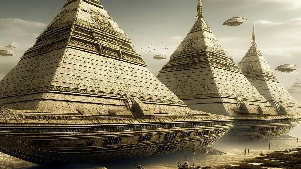 Pyramids on top of airships designed in Egyptian hieroglyphics