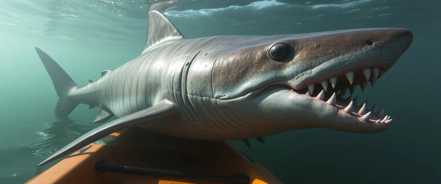 prehistoric shark fish ogre in kayak